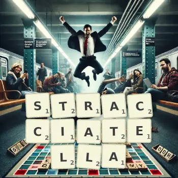 Illustration créative d'un jeu de lettres avec le mot STRACCIATELLA épelé sur le plateau.