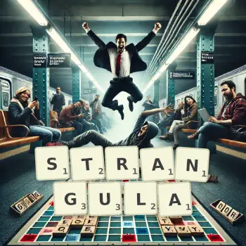 Illustration créative d'un jeu de lettres avec le mot STRANGULA épelé sur le plateau.