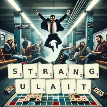 Illustration créative d'un jeu de lettres avec le mot STRANGULAIT épelé sur le plateau.