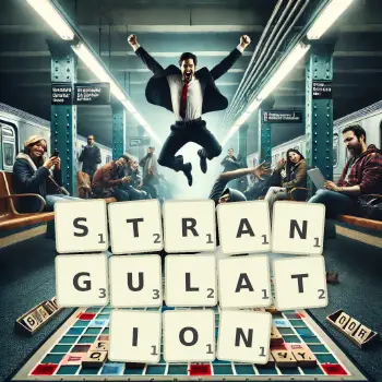 Illustration créative d'un jeu de lettres avec le mot STRANGULATION épelé sur le plateau.