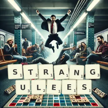 Illustration créative d'un jeu de lettres avec le mot STRANGULEES épelé sur le plateau.