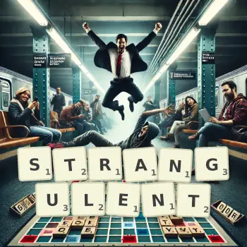 Illustration créative d'un jeu de lettres avec le mot STRANGULENT épelé sur le plateau.