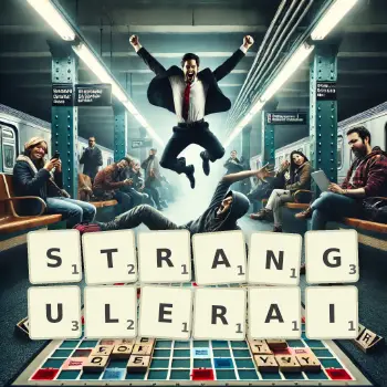 Illustration créative d'un jeu de lettres avec le mot STRANGULERAI épelé sur le plateau.