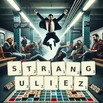 Illustration créative d'un jeu de lettres avec le mot STRANGULIEZ épelé sur le plateau.