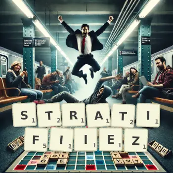 Illustration créative d'un jeu de lettres avec le mot STRATIFIIEZ épelé sur le plateau.