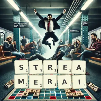 Illustration créative d'un jeu de lettres avec le mot STREAMERAI épelé sur le plateau.