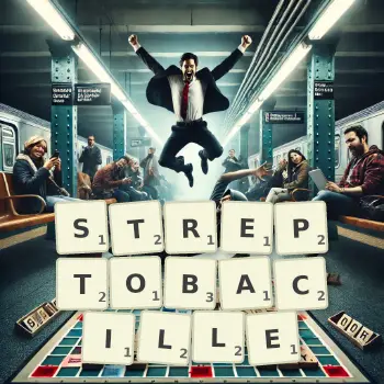 Illustration créative d'un jeu de lettres avec le mot STREPTOBACILLE épelé sur le plateau.