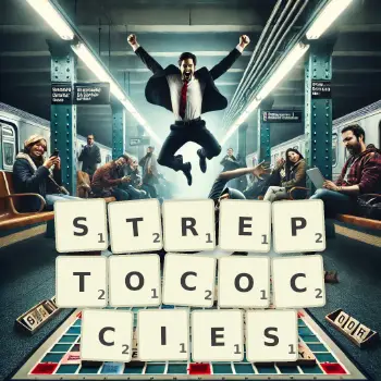 Illustration créative d'un jeu de lettres avec le mot STREPTOCOCCIES épelé sur le plateau.