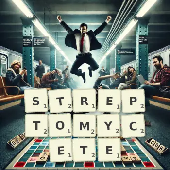 Illustration créative d'un jeu de lettres avec le mot STREPTOMYCETE épelé sur le plateau.