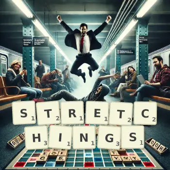 Illustration créative d'un jeu de lettres avec le mot STRETCHINGS épelé sur le plateau.