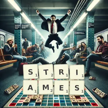 Illustration créative d'un jeu de lettres avec le mot STRIAMES épelé sur le plateau.
