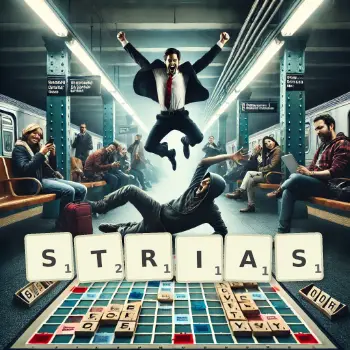 Illustration créative d'un jeu de lettres avec le mot STRIAS épelé sur le plateau.