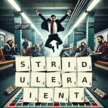 Illustration créative d'un jeu de lettres avec le mot STRIDULERAIENT épelé sur le plateau.