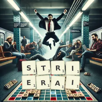 Illustration créative d'un jeu de lettres avec le mot STRIERAI épelé sur le plateau.