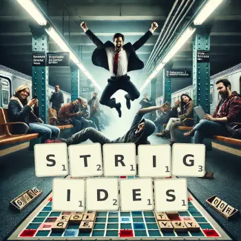 Illustration créative d'un jeu de lettres avec le mot STRIGIDES épelé sur le plateau.