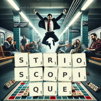 Illustration créative d'un jeu de lettres avec le mot STRIOSCOPIQUE épelé sur le plateau.