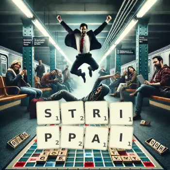 Illustration créative d'un jeu de lettres avec le mot STRIPPAI épelé sur le plateau.