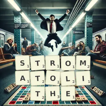 Illustration créative d'un jeu de lettres avec le mot STROMATOLITHE épelé sur le plateau.