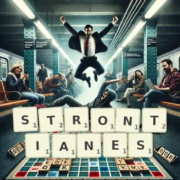 Illustration créative d'un jeu de lettres avec le mot STRONTIANES épelé sur le plateau.