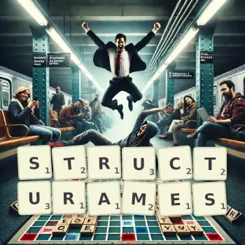 Illustration créative d'un jeu de lettres avec le mot STRUCTURAMES épelé sur le plateau.