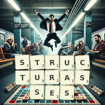 Illustration créative d'un jeu de lettres avec le mot STRUCTURASSES épelé sur le plateau.