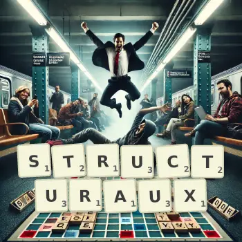 Illustration créative d'un jeu de lettres avec le mot STRUCTURAUX épelé sur le plateau.
