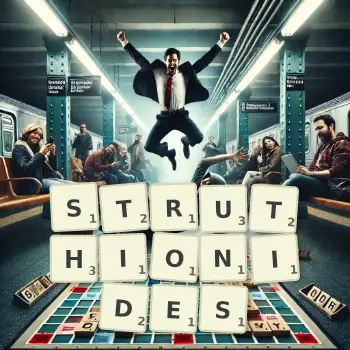 Illustration créative d'un jeu de lettres avec le mot STRUTHIONIDES épelé sur le plateau.