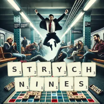 Illustration créative d'un jeu de lettres avec le mot STRYCHNINES épelé sur le plateau.