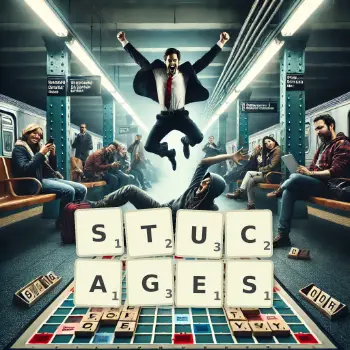 Illustration créative d'un jeu de lettres avec le mot STUCAGES épelé sur le plateau.