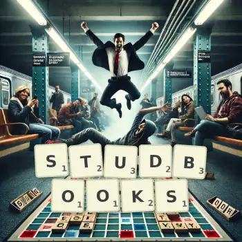 Illustration créative d'un jeu de lettres avec le mot STUDBOOKS épelé sur le plateau.
