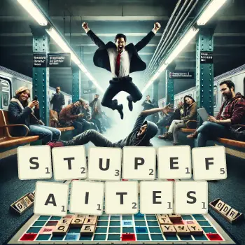 Illustration créative d'un jeu de lettres avec le mot STUPEFAITES épelé sur le plateau.