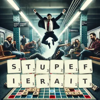 Illustration créative d'un jeu de lettres avec le mot STUPEFIERAIT épelé sur le plateau.