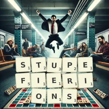 Illustration créative d'un jeu de lettres avec le mot STUPEFIERIONS épelé sur le plateau.