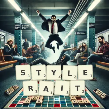 Illustration créative d'un jeu de lettres avec le mot STYLERAIT épelé sur le plateau.