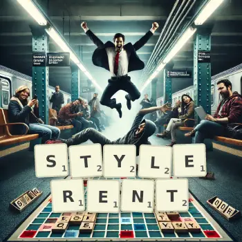 Illustration créative d'un jeu de lettres avec le mot STYLERENT épelé sur le plateau.