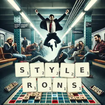 Illustration créative d'un jeu de lettres avec le mot STYLERONS épelé sur le plateau.