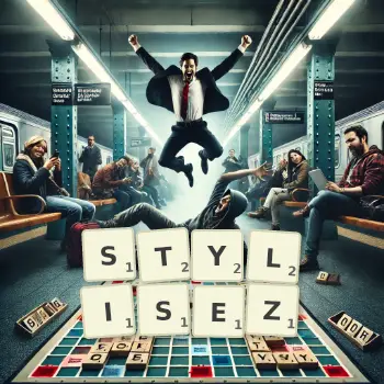 Illustration créative d'un jeu de lettres avec le mot STYLISEZ épelé sur le plateau.