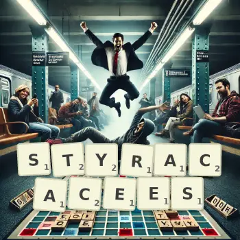 Illustration créative d'un jeu de lettres avec le mot STYRACACEES épelé sur le plateau.