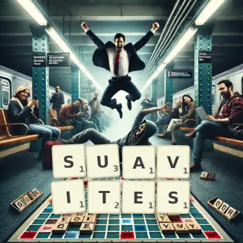 Illustration créative d'un jeu de lettres avec le mot SUAVITES épelé sur le plateau.