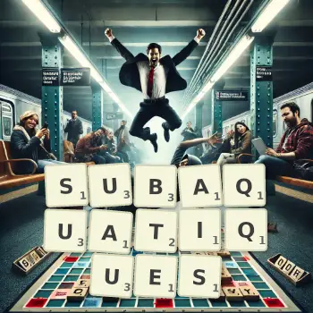 Illustration créative d'un jeu de lettres avec le mot SUBAQUATIQUES épelé sur le plateau.