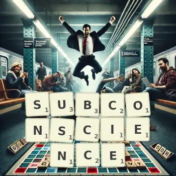 Illustration créative d'un jeu de lettres avec le mot SUBCONSCIENCE épelé sur le plateau.