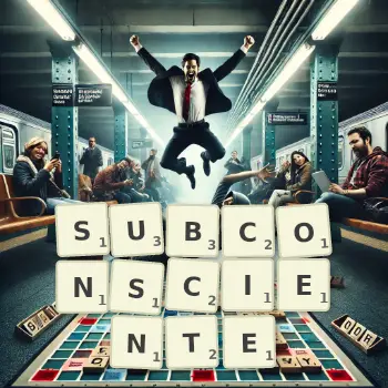 Illustration créative d'un jeu de lettres avec le mot SUBCONSCIENTE épelé sur le plateau.