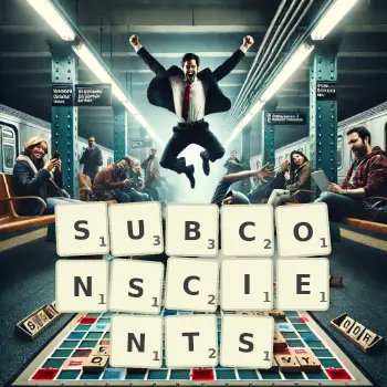 Illustration créative d'un jeu de lettres avec le mot SUBCONSCIENTS épelé sur le plateau.