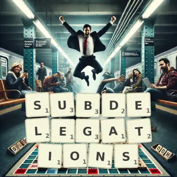 Illustration créative d'un jeu de lettres avec le mot SUBDELEGATIONS épelé sur le plateau.