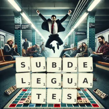Illustration créative d'un jeu de lettres avec le mot SUBDELEGUATES épelé sur le plateau.