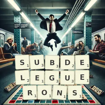 Illustration créative d'un jeu de lettres avec le mot SUBDELEGUERONS épelé sur le plateau.