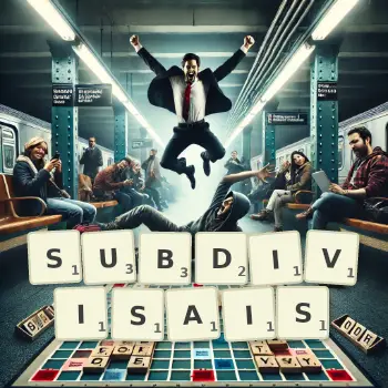 Illustration créative d'un jeu de lettres avec le mot SUBDIVISAIS épelé sur le plateau.