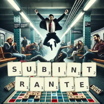 Illustration créative d'un jeu de lettres avec le mot SUBINTRANTE épelé sur le plateau.