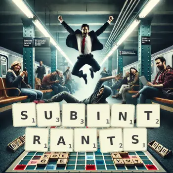 Illustration créative d'un jeu de lettres avec le mot SUBINTRANTS épelé sur le plateau.