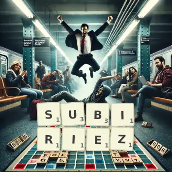 Illustration créative d'un jeu de lettres avec le mot SUBIRIEZ épelé sur le plateau.